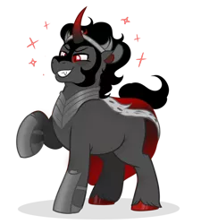 Size: 500x555 | Tagged: safe, artist:bubaiuv, king sombra, pony, unicorn, chubby, colored hooves, fangs, grin, image, male, png, raised hoof, simple background, smiling, solo, sombra's cape, sparkles, stallion, transparent background, unshorn fetlocks