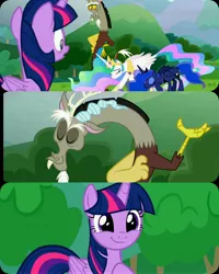 Size: 4096x5120 | Tagged: safe, derpibooru import, edit, edited screencap, screencap, discord, princess celestia, princess luna, twilight sparkle, twilight sparkle (alicorn), alicorn, draconequus, pony, season 9, the ending of the end, spoiler:s09, 3 panel comic, absurd resolution, bowing, collage, comic, cropped, crown, female, happy, hoof on chest, image, jewelry, jpeg, male, mare, proud, regalia, royal sisters, screencap comic, siblings, sisters, smiling