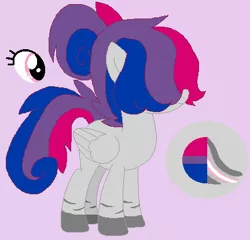 Size: 432x415 | Tagged: safe, artist:somecoconut, derpibooru import, oc, unofficial characters only, pegasus, pony, bisexual pride flag, colored hooves, eyelashes, female, hair over eyes, image, mare, pegasus oc, png, pride, pride flag, purple background, reference sheet, simple background, wings