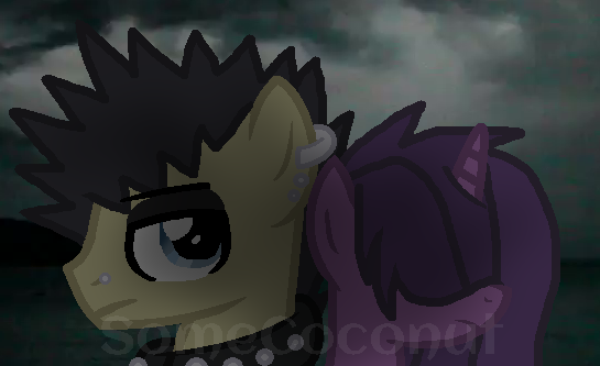 Size: 545x333 | Tagged: safe, artist:somecoconut, derpibooru import, oc, unofficial characters only, pony, unicorn, bust, choker, cloud, duo, ear piercing, earring, female, goth, horn, image, jewelry, magical lesbian spawn, makeup, male, mare, offspring, outdoors, parent:tempest shadow, parent:tree hugger, parent:twilight sparkle, parent:zephyr breeze, parents:tempestlight, parents:zephyrhugger, piercing, png, spiked choker, stallion, unicorn oc