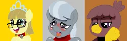 Size: 4136x1344 | Tagged: suggestive, anonymous colorist, anonymous editor, artist:smudge proof, color edit, derpibooru import, edit, silver spoon, zippoorwhill, anthro, earth pony, gryphon, pegasus, pony, fanfic, ahegao, blushing, collar, colored, cover, cover art, devious, fanfic art, fanfic cover, female, females only, gail, glasses, head shot, image, inspired by another artist, jewelry, mare, missing accessory, older, open mouth, palette swap, photoshop, png, recolor, simple background, smiling, smirk, story in the source, tiara, tongue out, trio, trio female