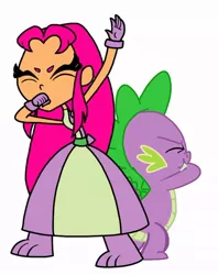 Size: 744x941 | Tagged: safe, artist:lsalusky, derpibooru import, spike, dragon, human, beatboxing, duo, eyes closed, female, image, jpeg, male, simple background, starfire, white background