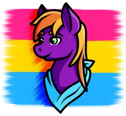 Size: 621x571 | Tagged: safe, artist:deathtoaster, derpibooru import, oc, oc:burningstar, pegasus, pony, bust, clothes, cute, image, pansexual, pansexual pride flag, png, portrait, pride, pride flag, pride month, scarf, smiling, solo