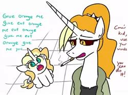 Size: 970x721 | Tagged: safe, artist:jargon scott, derpibooru import, oc, oc:dyx, oc:dyxkrieg, unofficial characters only, alicorn, pony, bathrobe, broken english, cigarette, clothes, dialogue, duo, female, filly, image, jpeg, magical lesbian spawn, mare, mother and child, mother and daughter, offspring, older, older dyx, open mouth, parent:oc:dyx, parent:oc:luftkrieg, parents:oc x oc, robe, smoking, wingding eyes