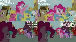 Size: 1280x720 | Tagged: safe, derpibooru import, edit, edited screencap, editor:quoterific, screencap, doctor whooves, pinkie pie, spike, time turner, twilight sparkle, dragon, earth pony, pony, unicorn, season 3, too many pinkie pies, female, golden oaks library, image, library, male, mare, open mouth, png, stallion, unicorn twilight