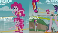 Size: 1280x720 | Tagged: safe, derpibooru import, edit, edited screencap, editor:quoterific, screencap, fluttershy, pinkie pie, rainbow dash, rarity, equestria girls, equestria girls series, forgotten friendship, beach, clothes, geode of fauna, geode of sugar bombs, geode of super speed, hat, image, jewelry, jpeg, magical geodes, necklace, one-piece swimsuit, open mouth, sandals, sports, swimsuit, volleyball, volleyball net