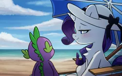 Size: 4096x2558 | Tagged: safe, artist:chub-wub, artist:cottonsweets, derpibooru import, rarity, spike, dragon, unicorn, beach, beach umbrella, blushing, collaboration, deck chair, female, hat, image, jpeg, male, shipping, sparity, straight, sun hat, umbrella