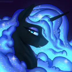 Size: 2000x2000 | Tagged: safe, artist:kirasunnight, derpibooru import, nightmare moon, alicorn, ethereal mane, hair over one eye, image, looking at you, png, solo, starry mane