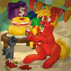 Size: 2048x2048 | Tagged: safe, artist:mkd, derpibooru import, oc, oc:default pony, oc:offline, earth pony, pony, pony town, 5, anniversary, cake, candle, food, happy, image, plushie, png, present, table, toy