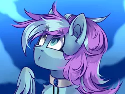 Size: 1116x838 | Tagged: safe, artist:mediasmile666, derpibooru import, oc, unofficial characters only, pegasus, pony, bust, choker, cloud, female, heterochromia, image, mare, png, sky, solo
