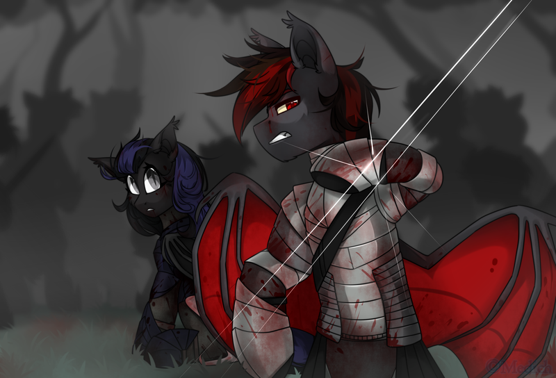 Size: 3620x2461 | Tagged: safe, artist:mediasmile666, derpibooru import, oc, unofficial characters only, bat pony, pony, bat pony oc, bat wings, blood, duo, female, image, male, mare, png, slit eyes, spread wings, stallion, wings