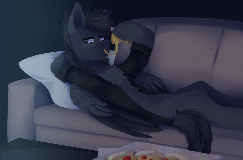 Size: 3000x1984 | Tagged: safe, artist:mediasmile666, derpibooru import, oc, unofficial characters only, pegasus, pony, couch, eating, food, image, male, movie night, pillow, pizza, png, solo, stallion