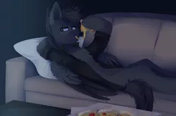 Size: 3000x1984 | Tagged: safe, artist:mediasmile666, derpibooru import, oc, unofficial characters only, pegasus, pony, couch, eating, food, image, male, movie night, pillow, pizza, png, solo, stallion