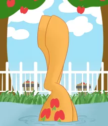 Size: 1500x1750 | Tagged: safe, artist:cycrus, derpibooru import, applejack, earth pony, pony, apple, bucket, female, food, image, legs, legs in air, mare, pictures of legs, png, solo, tree, water