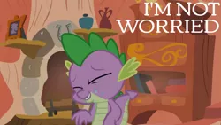 Size: 1280x720 | Tagged: safe, derpibooru import, edit, edited screencap, editor:quoterific, screencap, spike, dragon, owl's well that ends well, season 1, eyes closed, golden oaks library, image, jpeg, library, male, smiling, solo, sweat