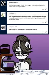 Size: 629x960 | Tagged: safe, artist:esuka, derpibooru import, raven, pony, ask-canterlot-musicians, caffeine, coffee, coffee machine, female, glasses, hair bun, image, jpeg, mare, morning, raven inkwell, ravenbetes, secretary, tired, wrinkles