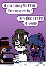 Size: 640x918 | Tagged: safe, artist:esuka, derpibooru import, raven, oc, oc:comet shimmer, bat pony, pony, ask-canterlot-musicians, bat pony oc, bat wings, caffeine, coffee, coffee machine, female, glasses, hair bun, image, jpeg, mare, morning, necktie, raven inkwell, ravenbetes, secretary, tired, wings, wrinkles