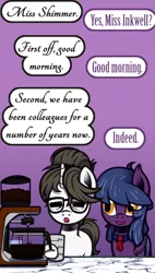 Size: 544x960 | Tagged: safe, artist:esuka, derpibooru import, raven, oc, oc:comet shimmer, bat pony, pony, ask-canterlot-musicians, bat pony oc, bat wings, caffeine, coffee, coffee machine, female, glasses, hair bun, image, jpeg, mare, morning, necktie, raven inkwell, ravenbetes, secretary, tired, wings, wrinkles