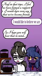 Size: 537x960 | Tagged: safe, artist:esuka, derpibooru import, raven, oc, oc:comet shimmer, bat pony, pony, ask-canterlot-musicians, bat pony oc, bat wings, caffeine, coffee, coffee machine, female, glasses, hair bun, image, jpeg, mare, morning, necktie, raven inkwell, ravenbetes, secretary, tired, wings, wrinkles