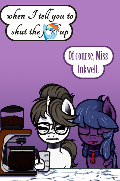 Size: 635x960 | Tagged: safe, artist:esuka, derpibooru import, raven, oc, oc:comet shimmer, bat pony, pony, ask-canterlot-musicians, bat pony oc, bat wings, caffeine, censored, coffee, coffee machine, female, glasses, hair bun, image, jpeg, mare, morning, necktie, raven inkwell, ravenbetes, secretary, stressed, swearing, tired, vulgar, wings, wrinkles