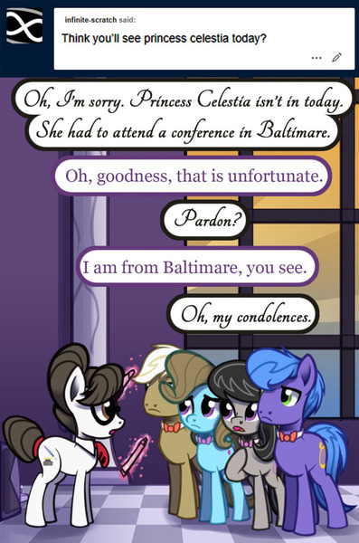 Size: 635x960 | Tagged: safe, artist:esuka, derpibooru import, beauty brass, frederic horseshoepin, octavia melody, parish nandermane, raven, earth pony, pony, unicorn, ask-canterlot-musicians, bowtie, canterlot, canterlot castle, female, glasses, grand galloping gala, hair bun, image, jpeg, male, mare, necktie, raven inkwell, ravenbetes, secretary, stallion