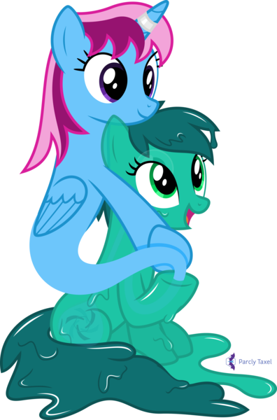 Size: 4000x6063 | Tagged: safe, artist:parclytaxel, derpibooru import, oc, oc:morpha, oc:parcly taxel, unofficial characters only, alicorn, genie, genie pony, goo, goo pony, original species, pony, ain't never had friends like us, albumin flask, .svg available, absurd resolution, bottle, female, hug, image, looking down, looking up, mare, monthly reward, png, simple background, sitting, smiling, stuck, transparent background, vector