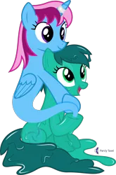 Size: 4000x6063 | Tagged: safe, artist:parclytaxel, derpibooru import, oc, oc:morpha, oc:parcly taxel, unofficial characters only, alicorn, genie, genie pony, goo, goo pony, original species, pony, ain't never had friends like us, albumin flask, .svg available, absurd resolution, bottle, female, hug, image, looking down, looking up, mare, monthly reward, png, simple background, sitting, smiling, stuck, transparent background, vector