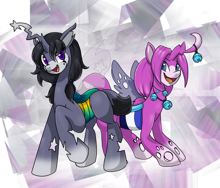 Size: 1560x1338 | Tagged: safe, artist:scittykitty, derpibooru import, changeling queen oc, oc, unofficial characters only, changeling, changeling queen, abstract background, :d, duo, female, image, open mouth, png, raised hoof, smiling