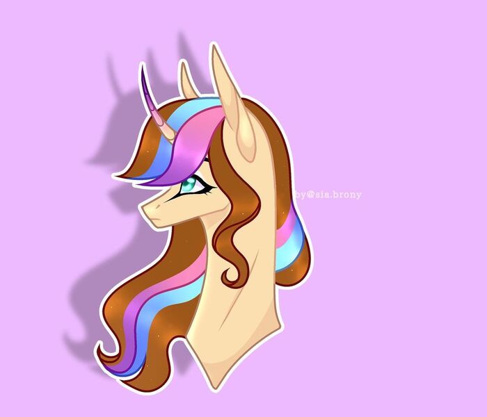 Size: 1080x926 | Tagged: safe, artist:sia.brony, derpibooru import, oc, oc:sia, unofficial characters only, pony, unicorn, bust, curved horn, female, horn, image, jpeg, mare, purple background, signature, simple background, solo, unicorn oc