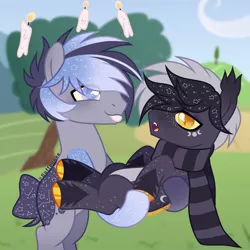 Size: 1080x1080 | Tagged: safe, artist:fluffponee, derpibooru import, oc, unofficial characters only, earth pony, pony, :p, bridal carry, candle, carrying, clothes, earth pony oc, ethereal mane, gay, hoof polish, image, jpeg, looking at each other, male, open mouth, outdoors, scarf, smiling, stallion, starry eyes, starry mane, tongue out, tree, wingding eyes