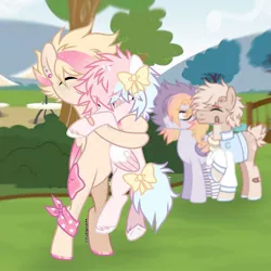 Size: 1080x1080 | Tagged: safe, artist:fluffponee, derpibooru import, oc, unofficial characters only, pegasus, pony, bipedal, bow, ear piercing, ethereal mane, eyes closed, gay, hair bow, holding a pony, hug, image, jpeg, male, outdoors, pegasus oc, piercing, signature, smiling, stallion, starry mane, tailgbow, tree, two toned wings, unshorn fetlocks, wings