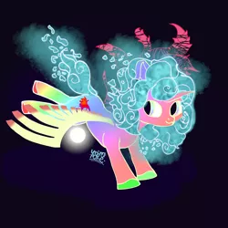 Size: 3000x3000 | Tagged: safe, artist:umbrapone, derpibooru import, oc, oc:destiny, alicorn, pony, dark background, dharkon, female, filly, galeem, glowing eyes, glowing horn, glowing mane, horn, image, png, rainbow, wings