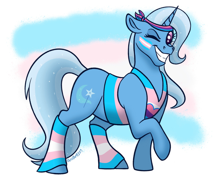 Size: 1280x1051 | Tagged: safe, artist:bellbell123, derpibooru import, trixie, pony, unicorn, clothes, grin, headband, headcanon, image, jpeg, lgbt headcanon, looking at you, one eye closed, pride, pride flag, smiling, socks, solo, striped socks, transgender pride flag, vest, wink