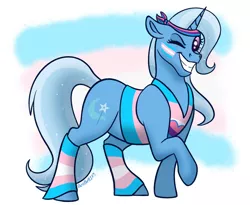 Size: 1280x1051 | Tagged: safe, artist:bellbell123, derpibooru import, trixie, pony, unicorn, clothes, grin, headband, headcanon, image, jpeg, lgbt headcanon, looking at you, one eye closed, pride, pride flag, smiling, socks, solo, striped socks, transgender pride flag, vest, wink