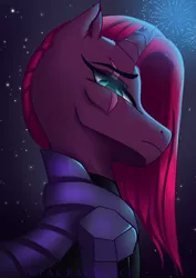 Size: 1920x2716 | Tagged: safe, artist:opal_radiance, derpibooru import, tempest shadow, pony, unicorn, my little pony: the movie, alternate hairstyle, armor, broken horn, eye scar, female, fireworks, horn, image, mare, png, profile, scar, solo, storm king armor