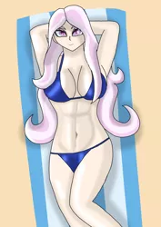 Size: 2480x3508 | Tagged: suggestive, artist:anthrodegenerate, derpibooru import, fleur-de-lis, human, beach, beach towel, belly button, big breasts, bikini, breasts, busty fleur-de-lis, cleavage, clothes, female, high res, humanized, image, looking at you, lying down, png, sexy, smiling, smiling at you, solo, solo female, swimsuit, towel