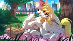 Size: 2500x1406 | Tagged: safe, artist:redchetgreen, derpibooru import, oc, unofficial characters only, alicorn, pegasus, pony, alicorn oc, basket, chest fluff, female, fence, horn, image, park, picnic, picnic basket, picnic blanket, png, scenery, tree, wings