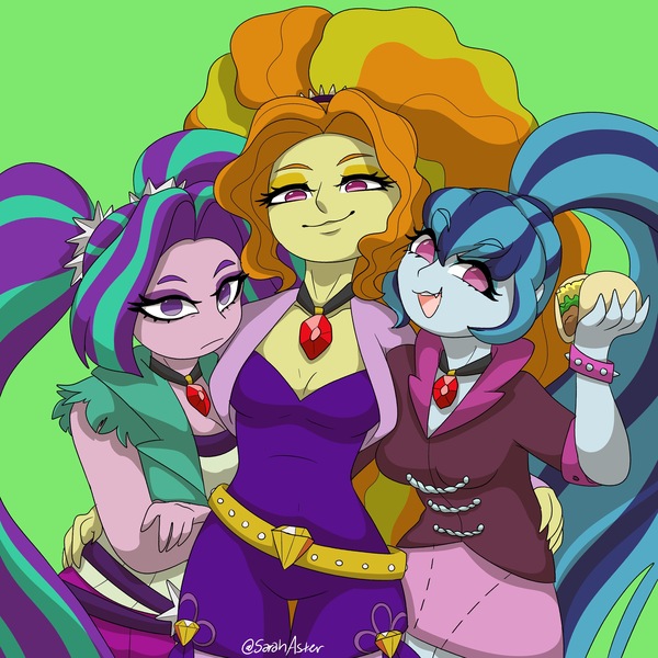 Size: 4096x4096 | Tagged: safe, artist:moshininja13, derpibooru import, adagio dazzle, aria blaze, sonata dusk, equestria girls, breasts, cleavage, female, food, green background, image, jpeg, simple background, sonataco, taco