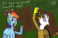 Size: 1480x976 | Tagged: safe, artist:paw-of-darkness, derpibooru import, gilda, rainbow dash, caterpillar, gryphon, insect, pegasus, pony, atg 2021, disgusted, eating, female, forest, image, newbie artist training grounds, png, tongue out, tree