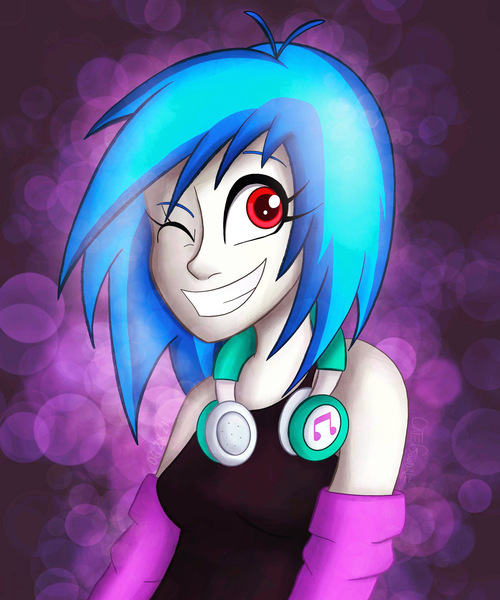 Size: 2500x3000 | Tagged: safe, artist:insomniaqueen, derpibooru import, vinyl scratch, equestria girls, alternate eye color, female, grin, headphones, image, jpeg, one eye closed, red eyes, smiling, solo, wink