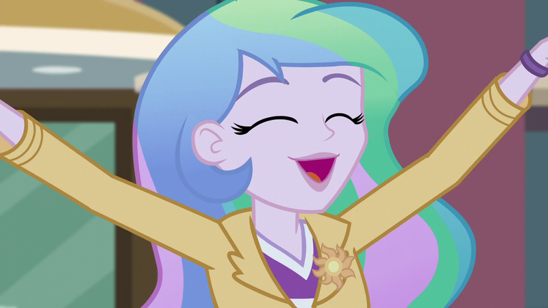 Size: 1280x720 | Tagged: safe, derpibooru import, screencap, princess celestia, equestria girls, friendship games, canterlot high, cute, cutelestia, eyes closed, female, image, open mouth, png, principal celestia, smiling, solo