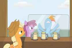 Size: 1280x854 | Tagged: safe, artist:addelum, derpibooru import, applejack, berry punch, berryshine, rainbow dash, earth pony, pegasus, pony, against glass, atg 2021, cider, female, glass, image, jpeg, newbie artist training grounds, unamused