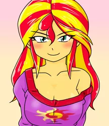 Size: 640x740 | Tagged: safe, artist:batipin, derpibooru import, sunset shimmer, equestria girls, blushing, breasts, cleavage, clothes, gradient background, image, looking at you, pajamas, png