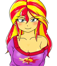 Size: 640x740 | Tagged: safe, artist:batipin, derpibooru import, sunset shimmer, equestria girls, blushing, breasts, cleavage, clothes, image, looking at you, pajamas, png, simple background, transparent background