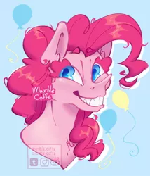 Size: 1014x1184 | Tagged: safe, artist:marblecoffe, derpibooru import, pinkie pie, earth pony, pony, big eyebrows, bust, cutie mark background, female, grin, image, jpeg, smiling, solo