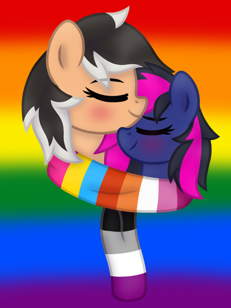 Size: 1068x1424 | Tagged: safe, artist:froyo15sugarblast, derpibooru import, oc, oc:hearty felt, oc:mistic spirit, cyborg, original species, pegasus, pony, asexual pride flag, blushing, clothes, cybernetic pony, eye clipping through hair, eyes closed, female, gay pride flag, gradient background, image, lesbian, lesbian pride flag, mare, misticfelt, nuzzling, oc x oc, pansexual pride flag, png, pride, pride flag, pride month, scarf, shipping, smol