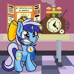 Size: 1920x1900 | Tagged: safe, artist:dinkyuniverse, derpibooru import, minuette, pony, atg 2021, braces, female, filly, filly minuette, grin, image, invention, newbie artist training grounds, png, science fair, smiling, solo, younger