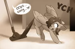 Size: 990x659 | Tagged: safe, artist:28gooddays, derpibooru import, pegasus, pony, commission, floppy ears, image, monochrome, png, solo, vacuum cleaner, ych example, ych sketch, your character here