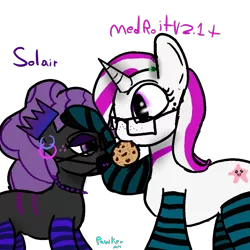 Size: 1000x1000 | Tagged: safe, artist:pawker, derpibooru import, oc, oc:medroit, oc:solair, earth pony, pony, unicorn, clothes, collar, cookie, crown, cute, earth pony oc, female, food, glasses, horn, image, jewelry, mare, pat, patting, png, regalia, socks, swamp cinema, unicorn oc