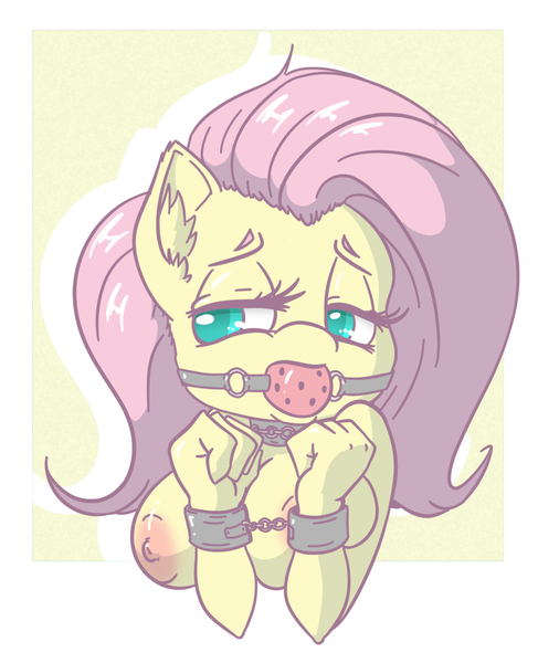 Size: 831x1024 | Tagged: questionable, artist:snus-kun, derpibooru import, fluttershy, anthro, pegasus, areola, ballgag, bedroom eyes, big breasts, breasts, busty fluttershy, cuffs, digital art, female, gag, image, jpeg, nipples, nudity, simple background, solo, solo female